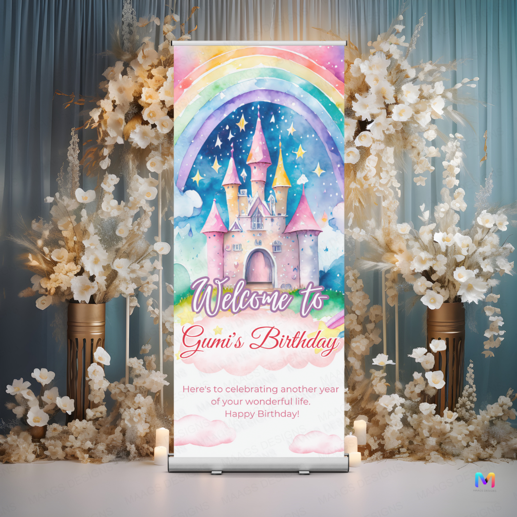 Castle Themed Birthday Banner Standee (With Stand) - Design #40 | Celebration Banner, Event Banner, Party Banner