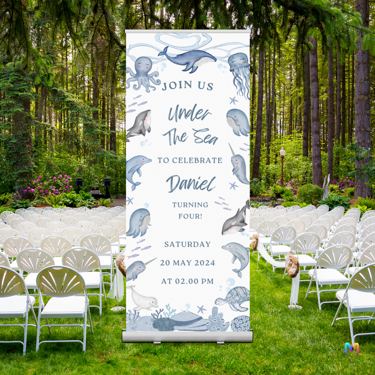Birthday Banner Standee - Design #B02, Sea Animals Themed Banner (Banner comes with Stand Included)