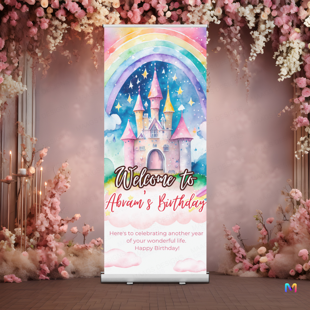 Castle Themed Birthday Banner Standee (With Stand) - Design #40 | Celebration Banner, Event Banner, Party Banner