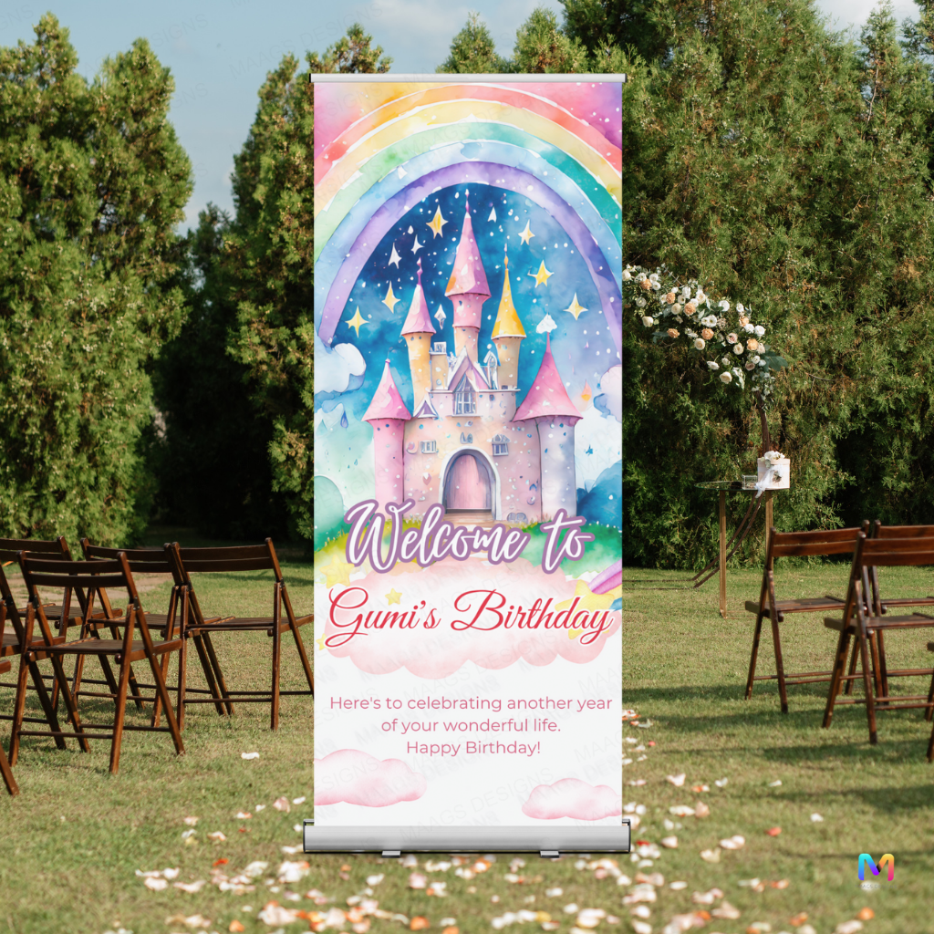 Castle Themed Birthday Banner Standee (With Stand) - Design #40 | Celebration Banner, Event Banner, Party Banner
