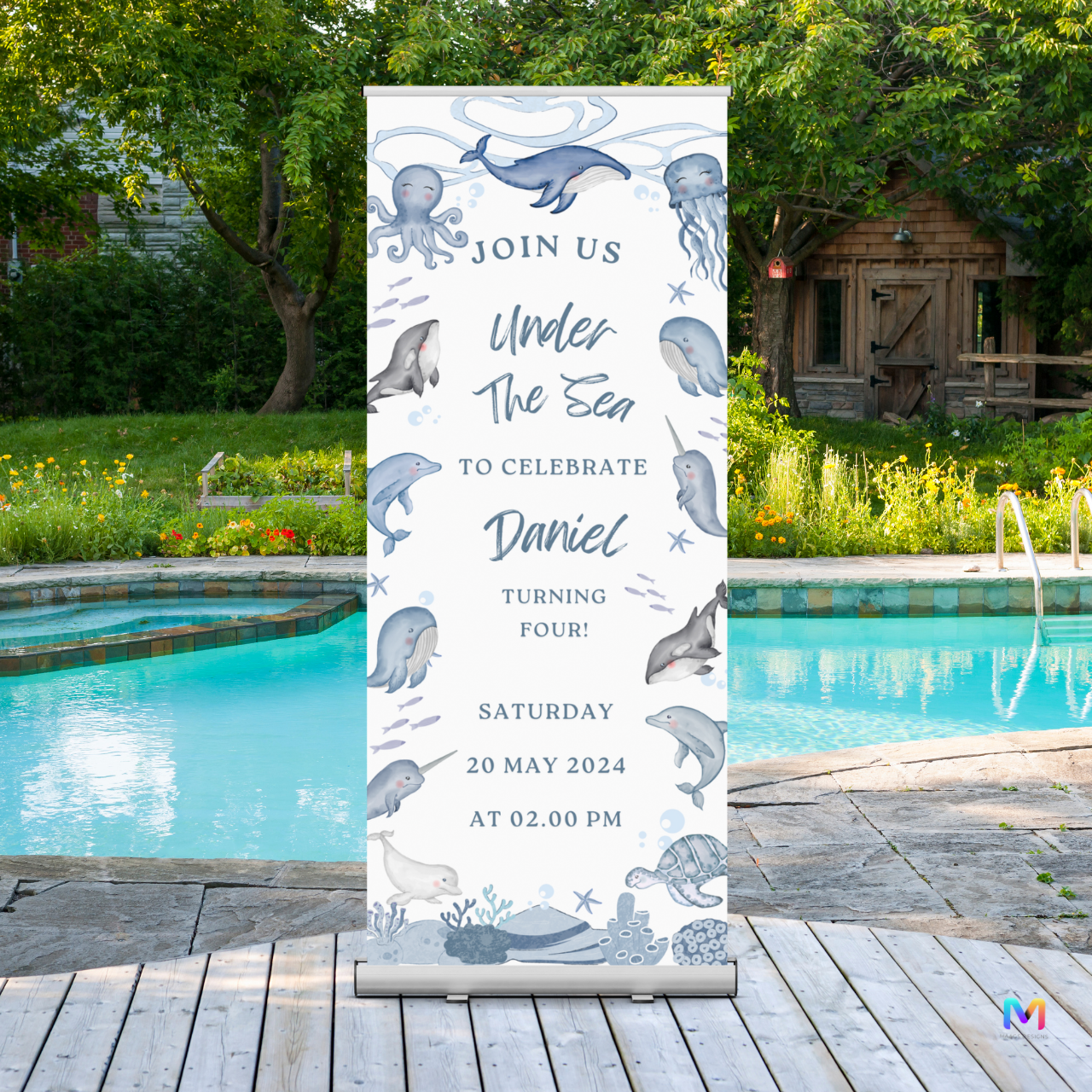 Birthday Banner Standee - Design #B02, Sea Animals Themed Banner (Banner comes with Stand Included)