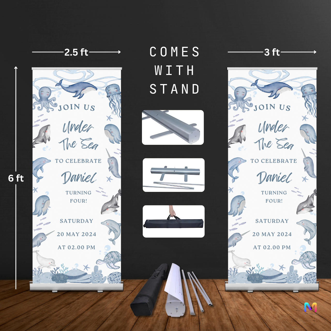 Birthday Banner Standee - Design #B02, Sea Animals Themed Banner (Banner comes with Stand Included)