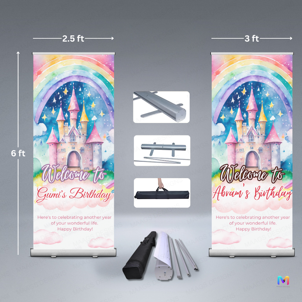 Castle Themed Birthday Banner Standee (With Stand) - Design #40 | Celebration Banner, Event Banner, Party Banner
