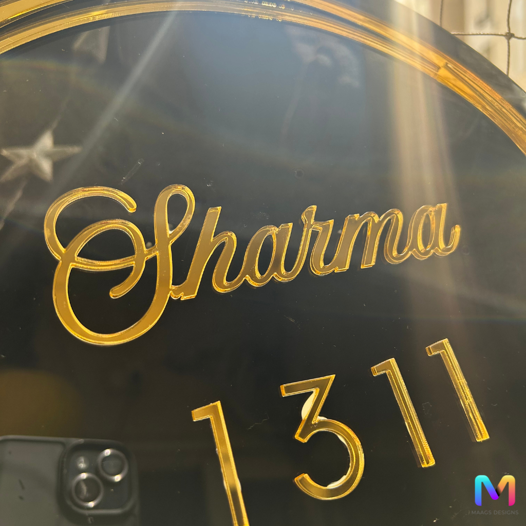Gold Halo Acrylic Name Plate, Circular Name Plate with 3D Gold Letters