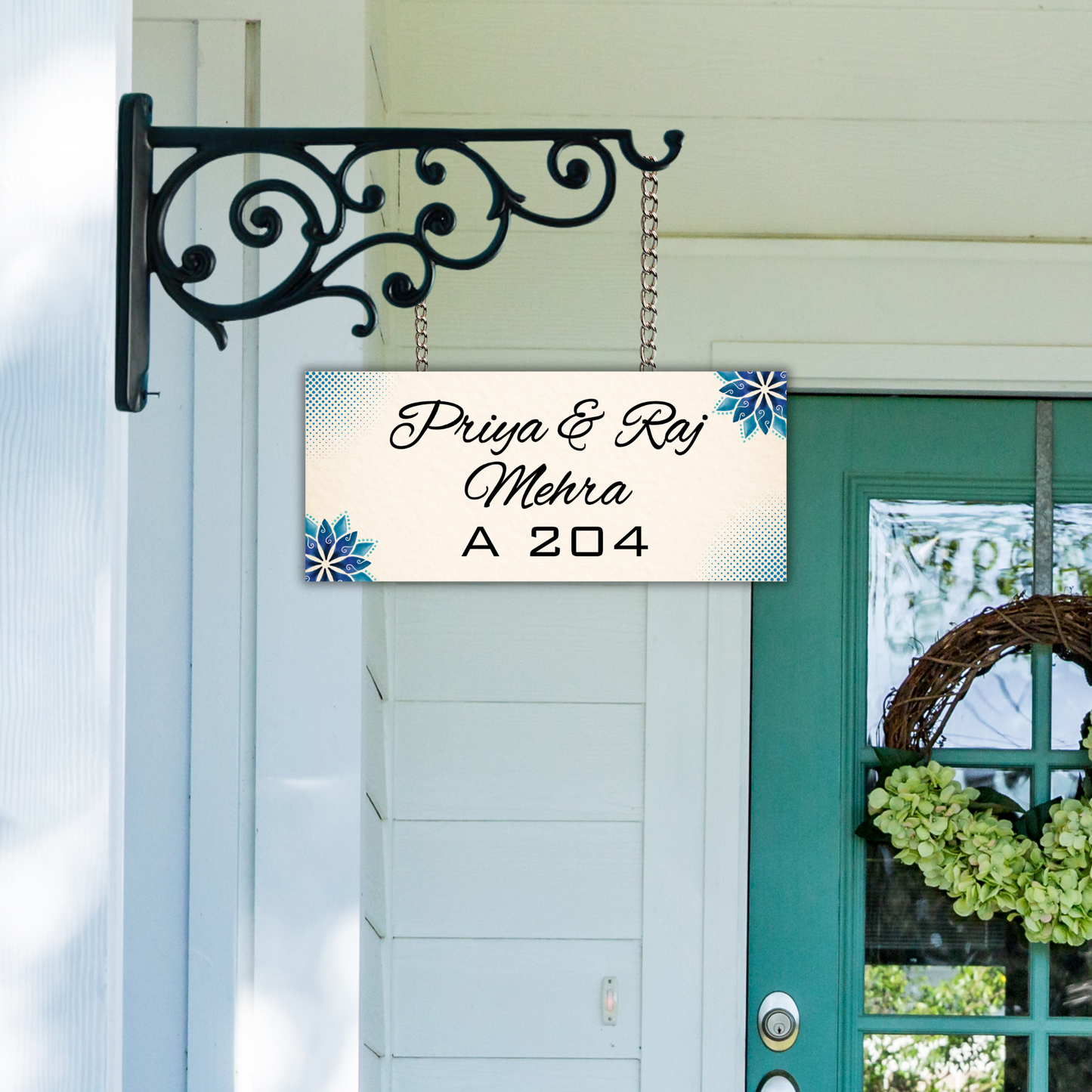 Ethereal Collection - Aqua Bloom Elegance - Hanging Name Plate | Name Plate with Metal Hanging Frame | Premium Custom Name Plate For Home