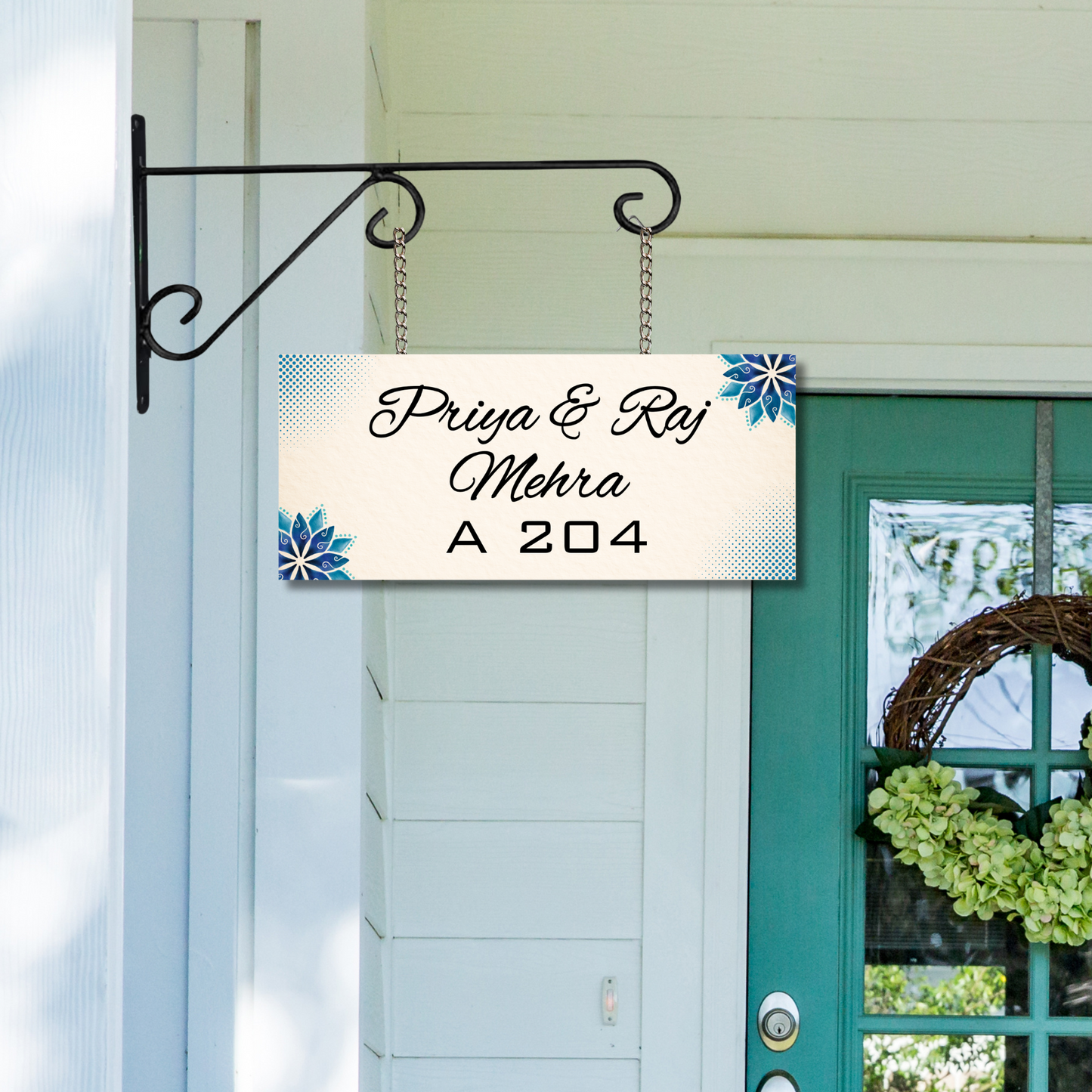 Ethereal Collection - Aqua Bloom Elegance - Hanging Name Plate | Name Plate with Metal Hanging Frame | Premium Custom Name Plate For Home