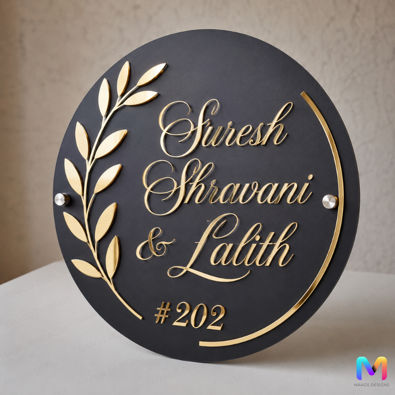 Gold Leaf Circular Acrylic Name Plate, Premium Name Plate
