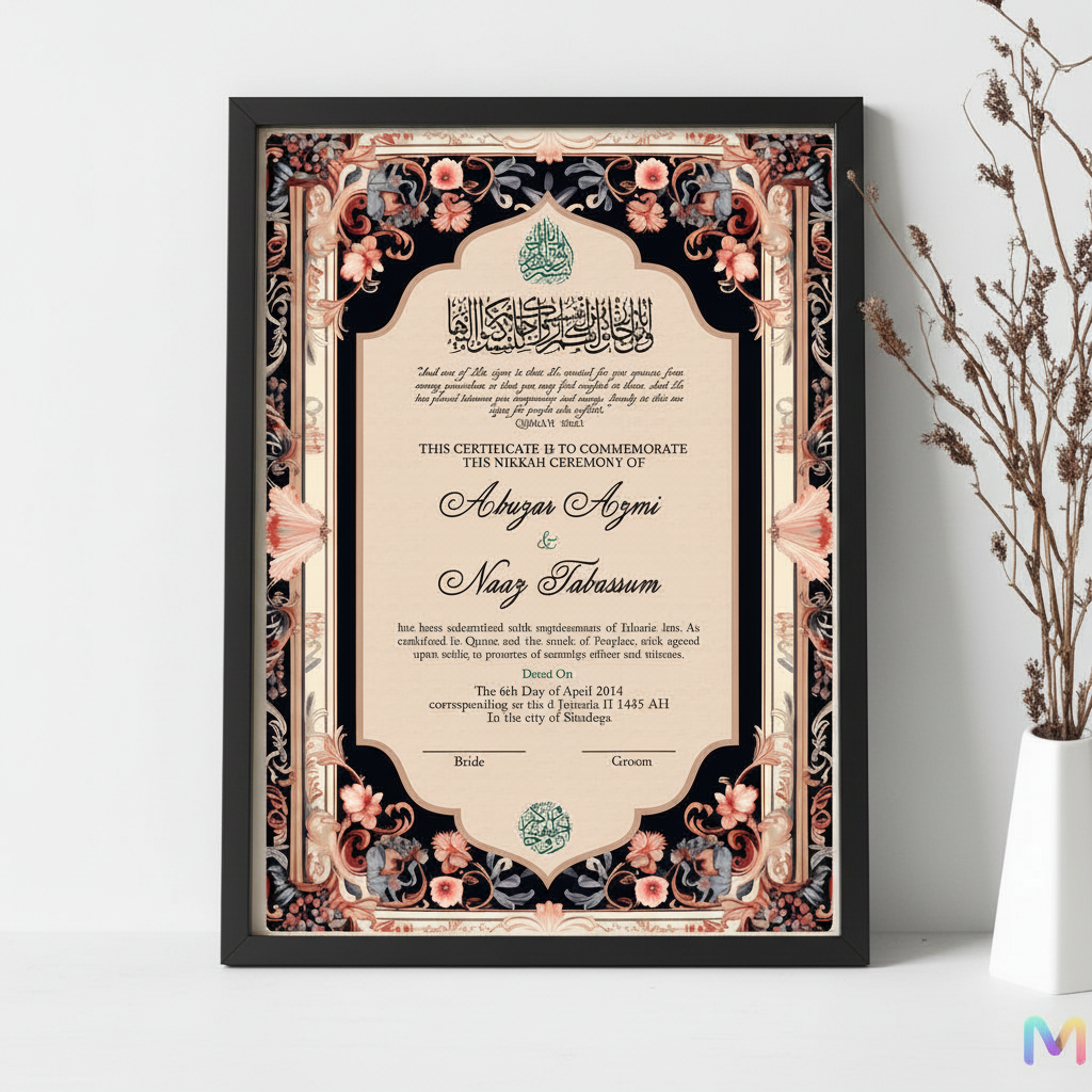 Nikahnama - Black Floral Nikahnama with Frame, Nikah Frames 12 x 18 inches Black Synthetic Wood Frame