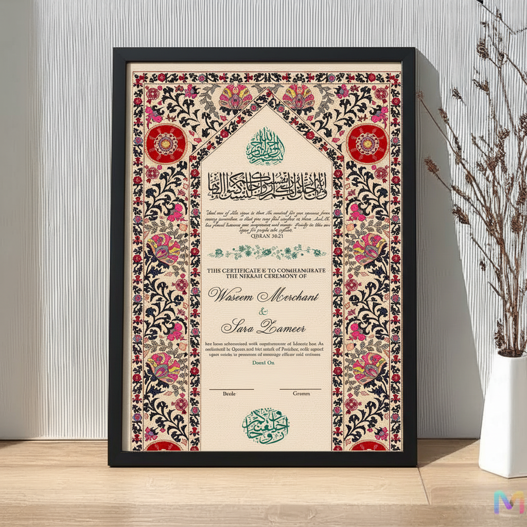 Nikahnama - Red Floral Nikahnama with Frame, Nikah Frames 12 x 18 inches Black Synthetic Wood Frame