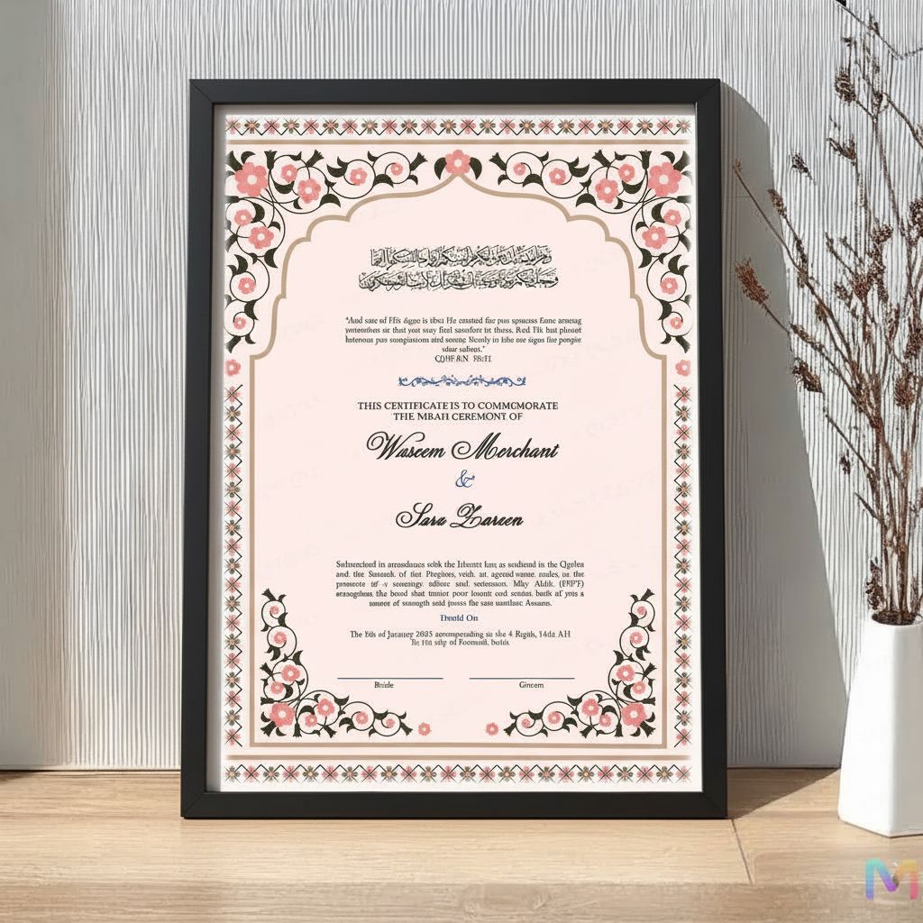 Nikahnama - Blush Blossom Nikahnama with Frame, Nikah Frames 12 x 18 inches Black Synthetic Wood Frame