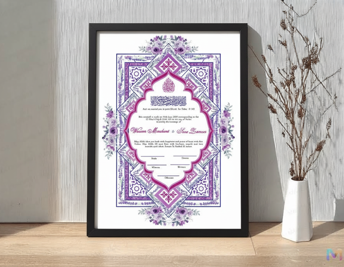Nikahnama - Lavender Nikahnama with Frame, Nikah Frames 12 x 18 inches Black Synthetic Wood Frame