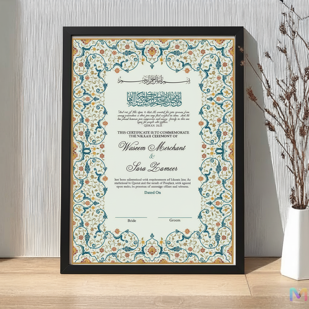 Nikahnama - Green Floral Nikahnama with Frame, Nikah Frames 12 x 18 inches Black Synthetic Wood Frame