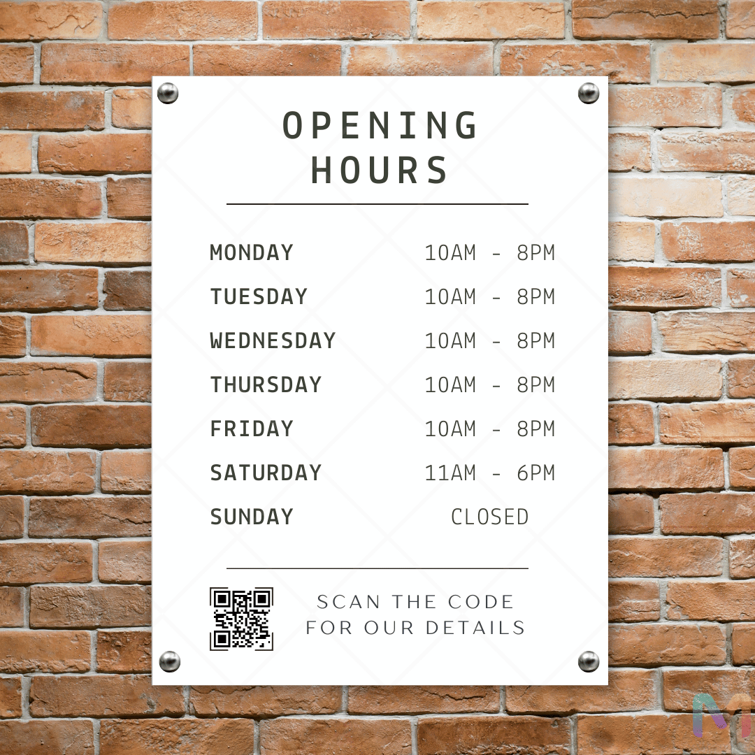 Opening Hours Board with QR Code for Homes, Coffee Shops and Restaurants (Acrylic)