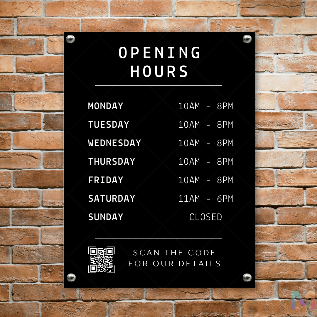 Opening Hours Board with QR Code for Homes, Coffee Shops and Restaurants (Acrylic)