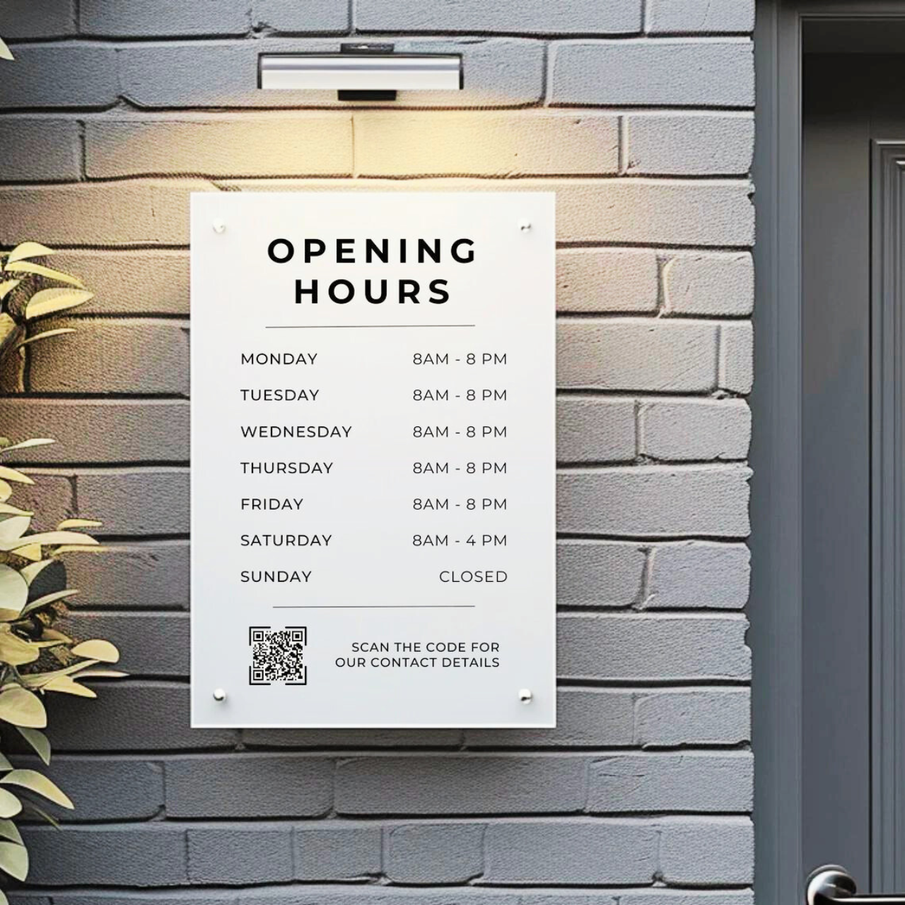 Opening Hours Board with QR Code for Homes, Coffee Shops and Restaurants (Acrylic)