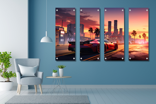 Sunset City - Red Sports Car - Set of 4 - Premium Split Wall Art