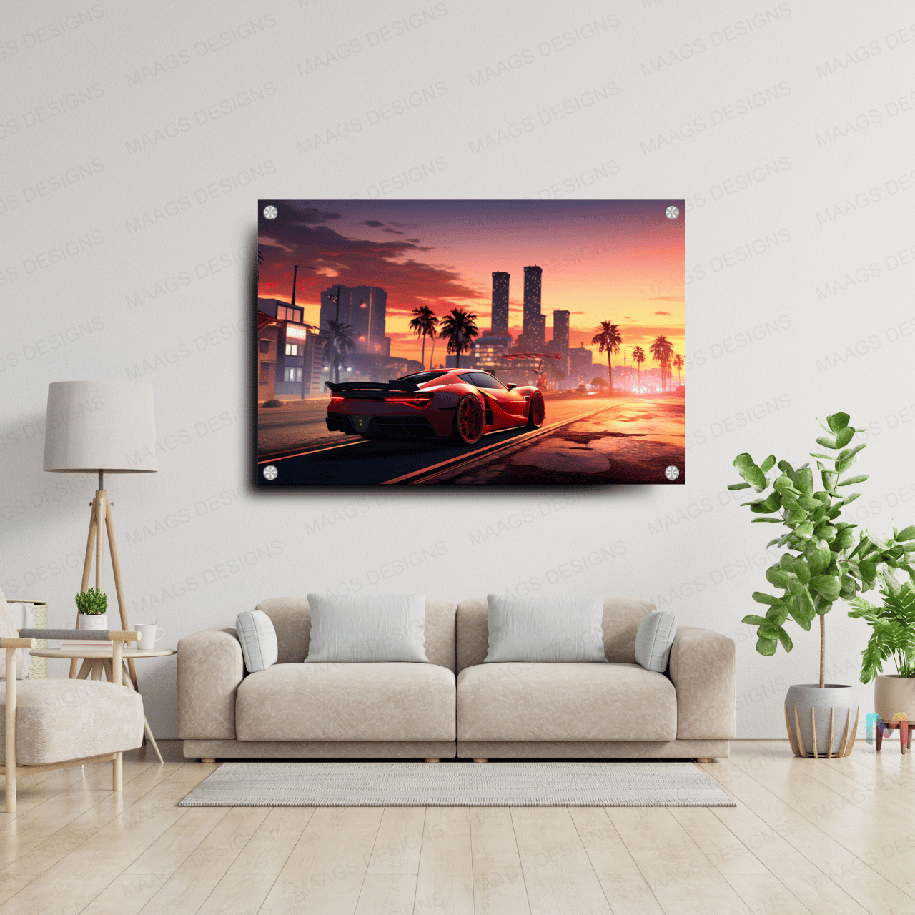 Maags Designs: Sunset City - Red Sports Car (Premium Acrylic Wall Poster)