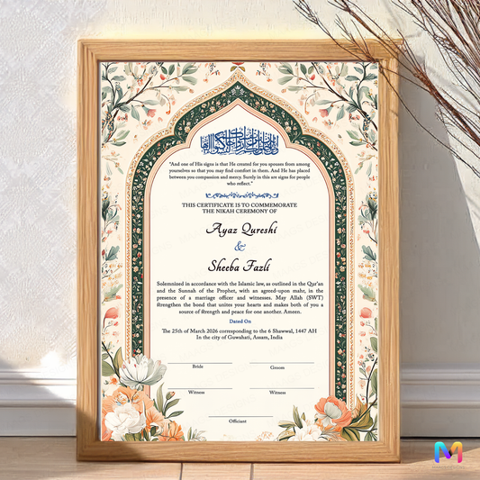 Nikahnama - Mughal Peacock Nikahnama with Frame, Nikah Frames 12 x 18 inches Premium Natural Wood Frame