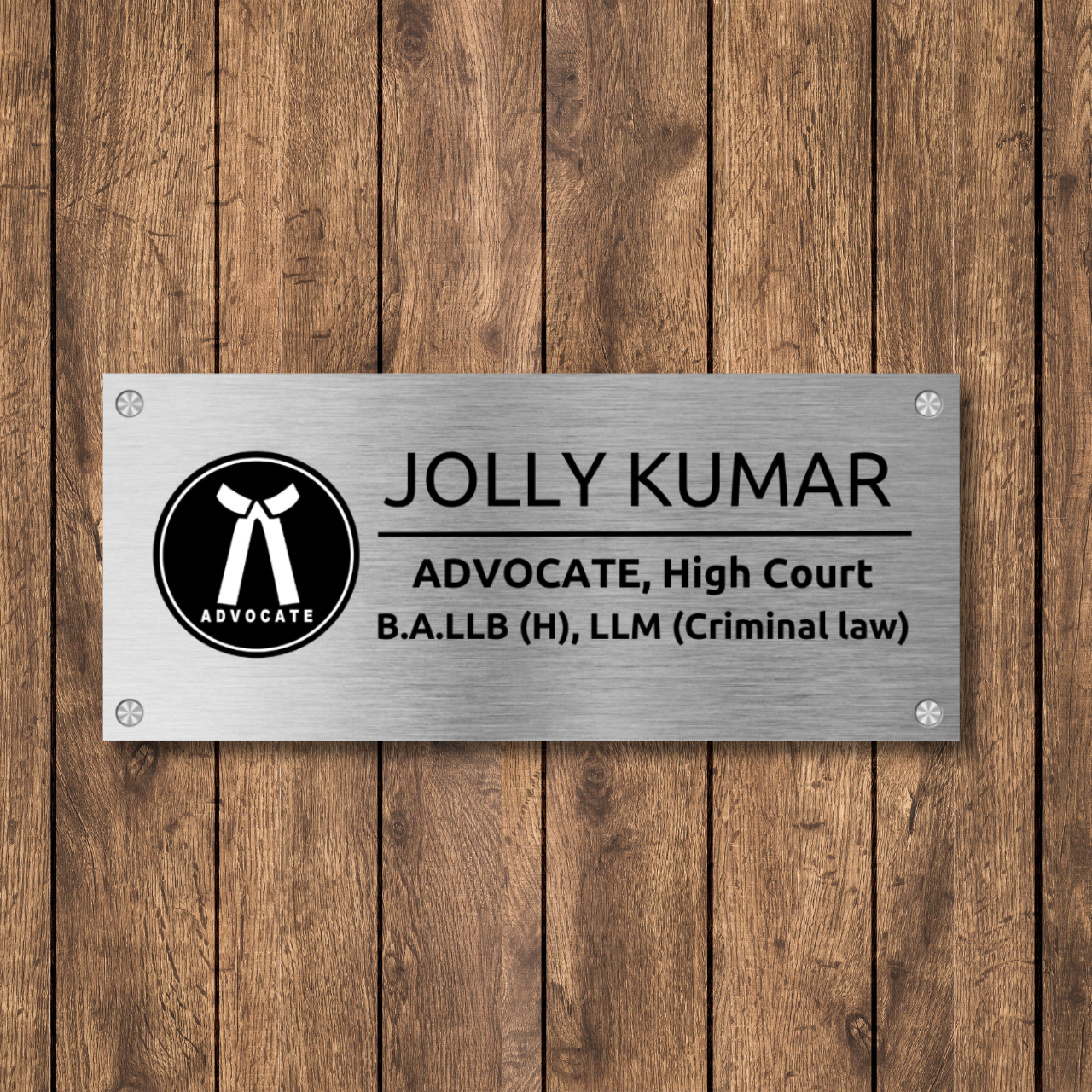 Lawyer Designation Name Plate for Office (Metal), Custom Name Plate for Advocates and Lawyers