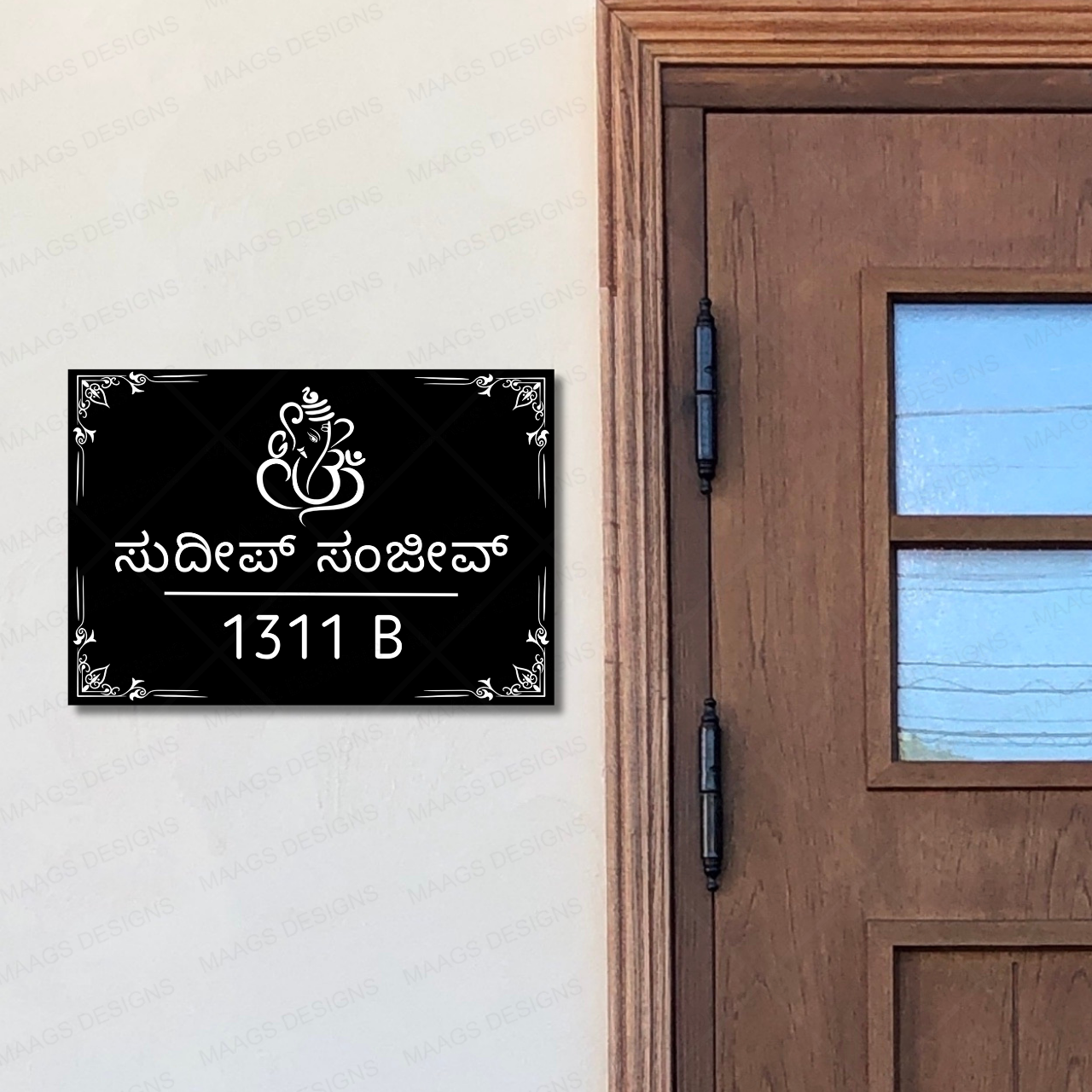 Lord Ganesha Name Plate in Kannada (Acrylic), Devotional Name Plate for Home