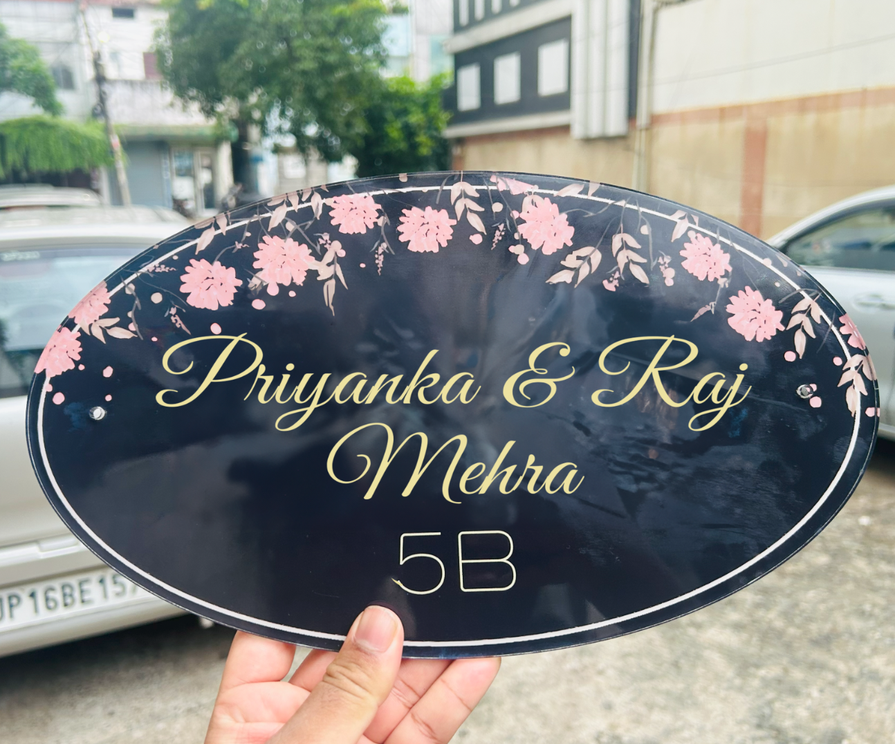 Blossom Noir Name Plate, Floral Name Plate for House (Acrylic)