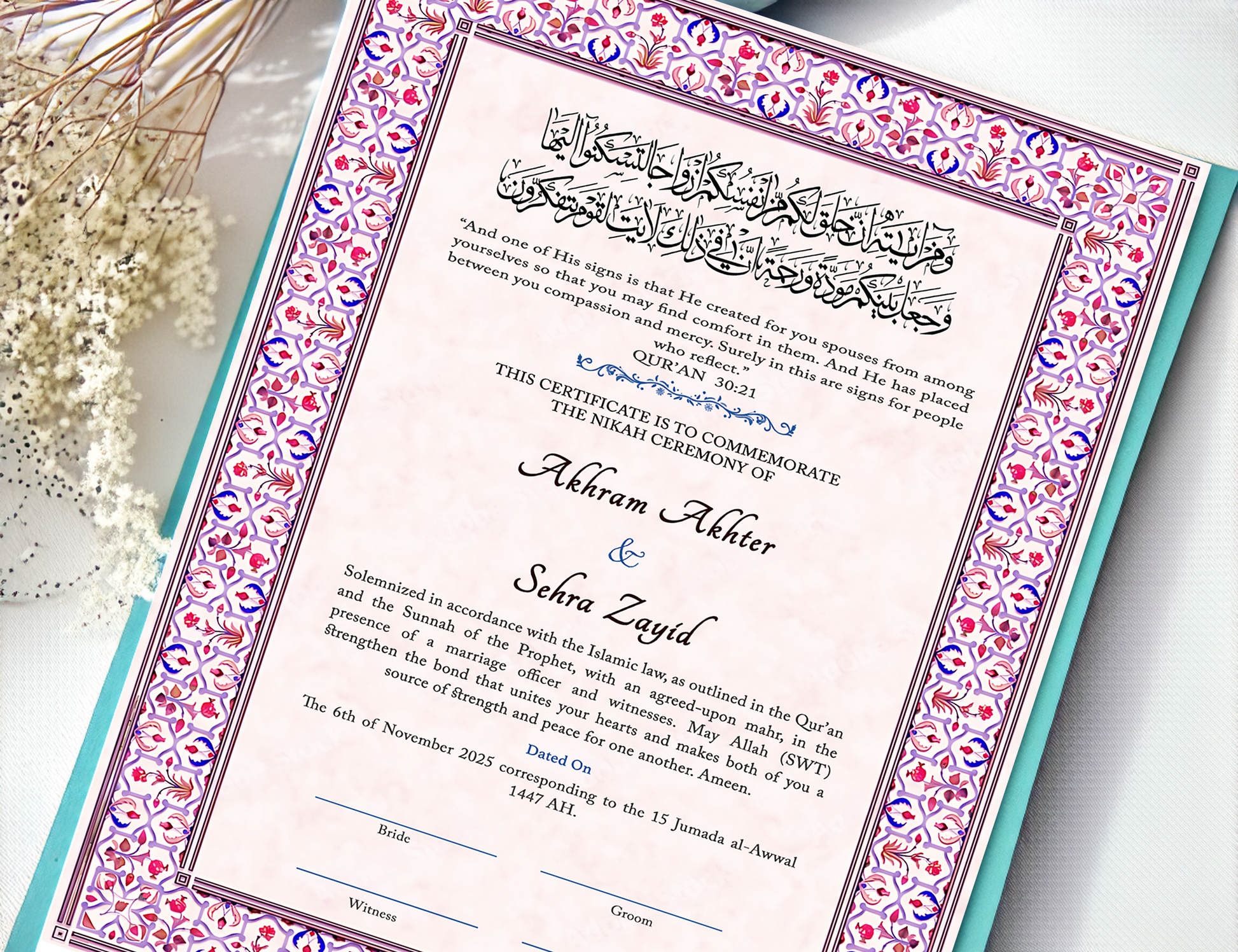 Nikahnama - Lavendar Mosaic Nikahnama with Frame, Nikah Frames