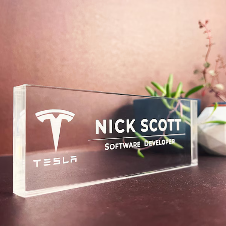 Acrylic Desk Name Plate - Laser Etching | No Colors | Designation Name Plate | Desk Stands