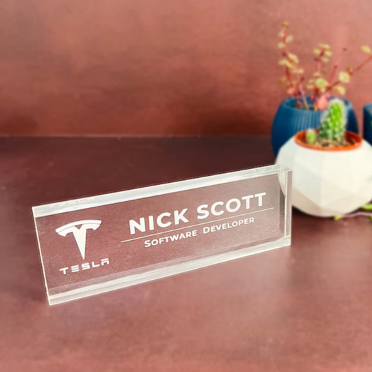 Acrylic Desk Name Plate - Laser Etching | No Colors | Designation Name Plate | Desk Stands