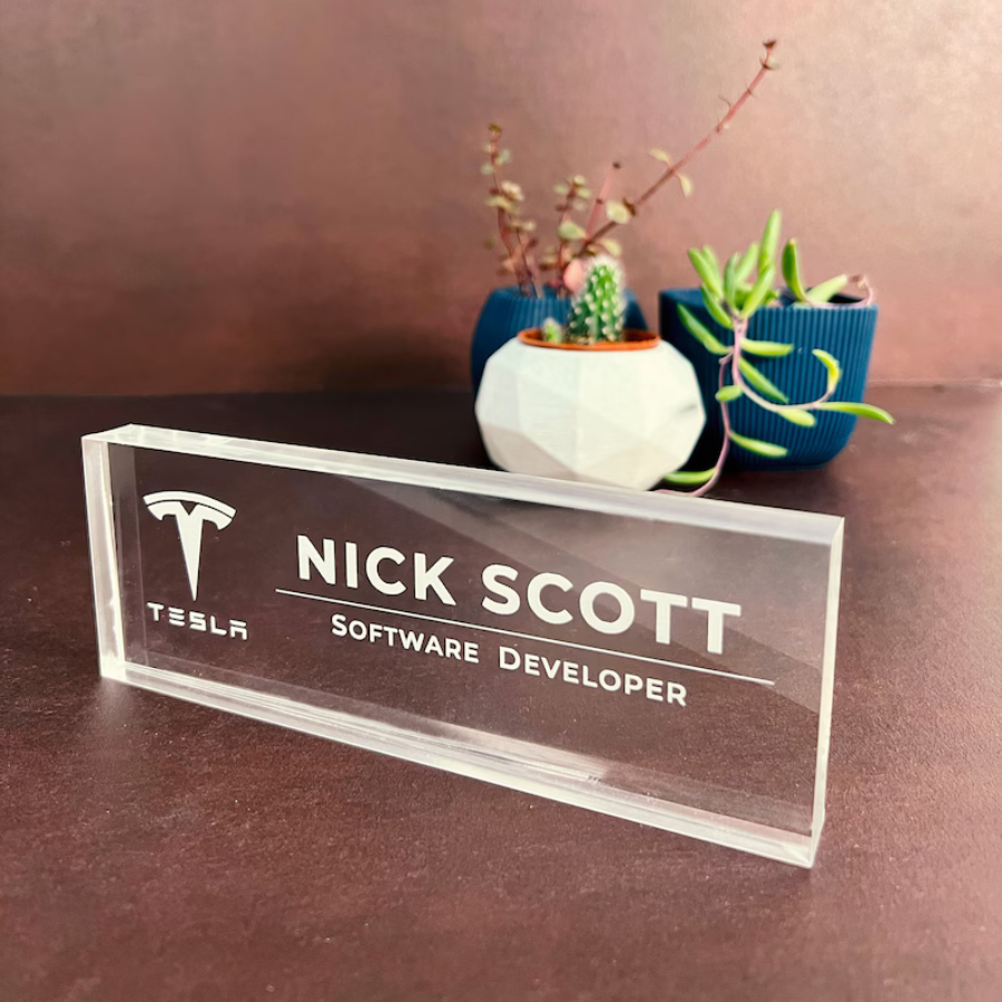 Acrylic Desk Name Plate - Laser Etching | No Colors | Designation Name Plate | Desk Stands