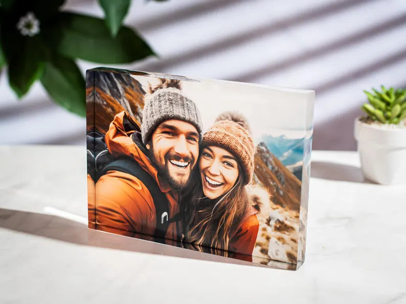 Personalized Acrylic Photo Block, Photo Stand | Gifts for Him & Her | Family Photo Desk | Desk Accessories