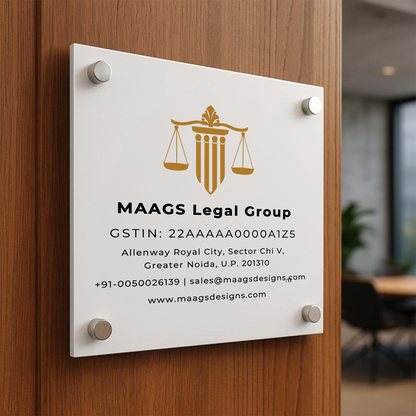 Laywers Logo Name Plate - White (Acrylic) Acrylic: Glossy White UV Printing