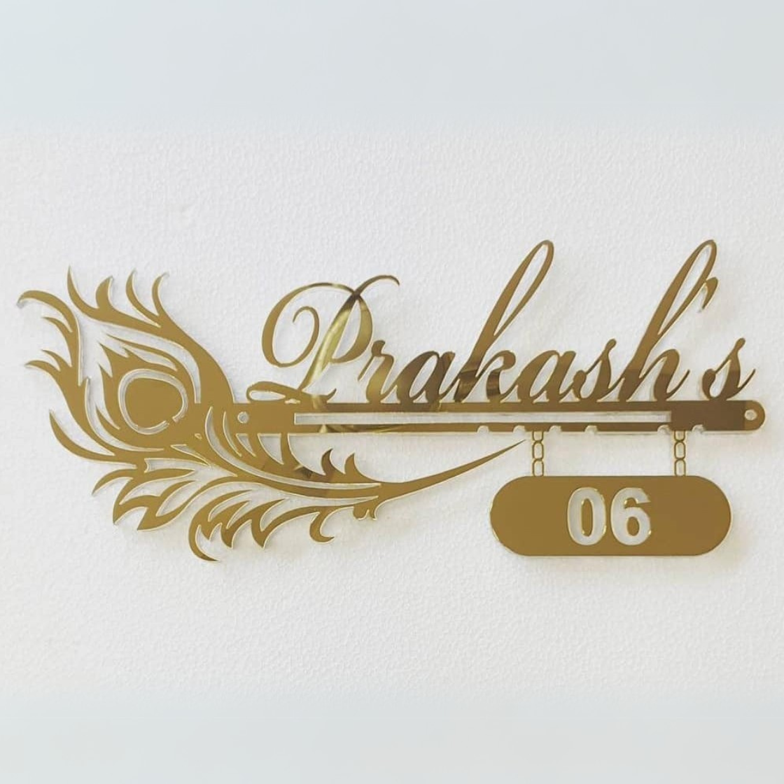Royal Feather Nameplate - 3D House Name Plate (Acrylic), Premium Morpankh Name Plate for Home Acrylic: Glossy Gold 16 x 8 inches