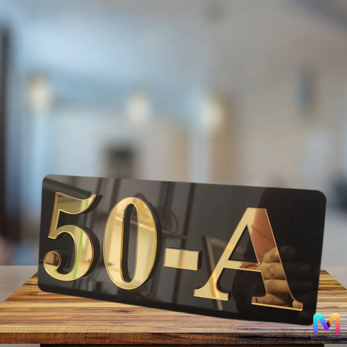 Elegant Numbers - Number Plate | 3D Number Plate - Premium Name Plate For Home and Office Acrylic: Gold in Black