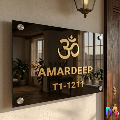 Gold Grace Nameplate (Acrylic) | Hari Om Symbol Name Plate | Premium Custom Name Plate for Home Acrylic: Gold in Black 24 x 12 inches