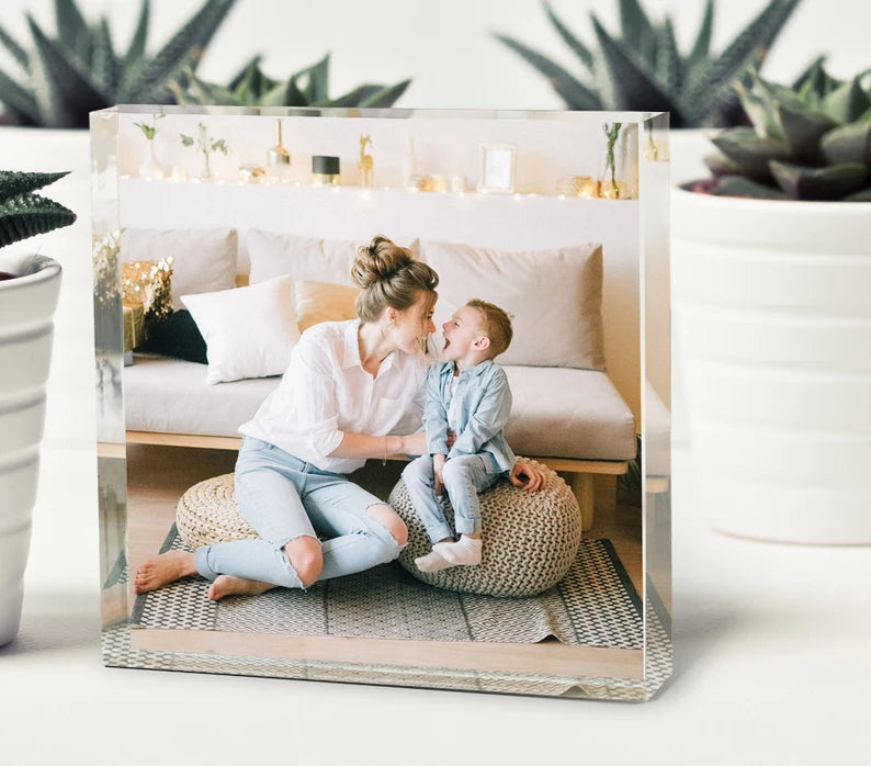 Personalized Acrylic Photo Block, Photo Stand | Gifts for Him & Her | Family Photo Desk | Desk Accessories 4" x 4" inches