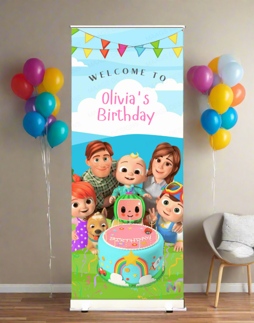 Birthday Banner Standee - Design #B18, Cartoon Themed Banner, Birthday Party Banner (With Stand)
