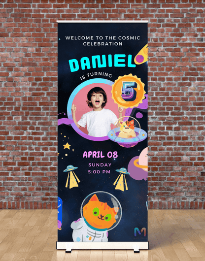 Space Themed Birthday Banner Standee (With Stand) - Design #39 | Celebration Banner, Event Banner, Party Banner