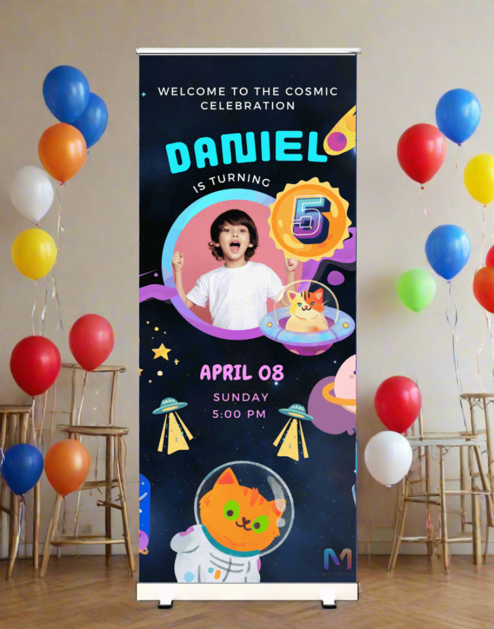 Birthday Banner Standee - #B16, Space Themed Banner, Birthday Party Banner (With Stand) Banner with Stand
