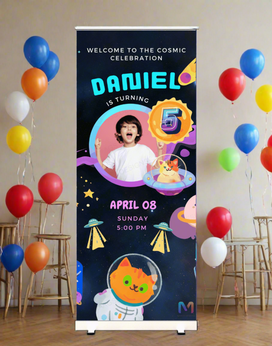 Space Themed Birthday Banner Standee (With Stand) - Design #39 | Celebration Banner, Event Banner, Party Banner