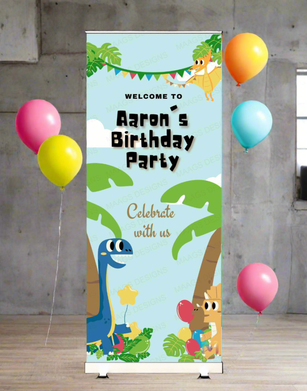 Birthday Banner Standee - #B17, Dinosaur Themed Banner, Birthday Party Banner (With Stand) Banner with Stand