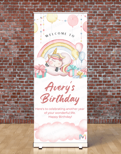 Unicorn Themed Birthday Banner Standee (With Stand) - Design #43 | Celebration Banner, Event Banner, Party Banner