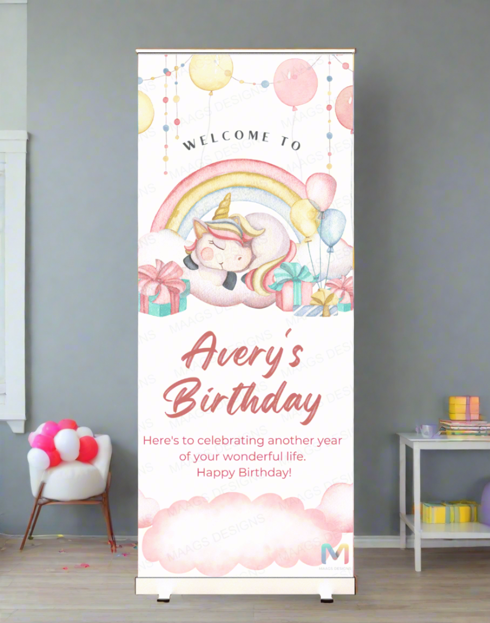 Unicorn Themed Birthday Banner Standee (With Stand) - Design #43 | Celebration Banner, Event Banner, Party Banner