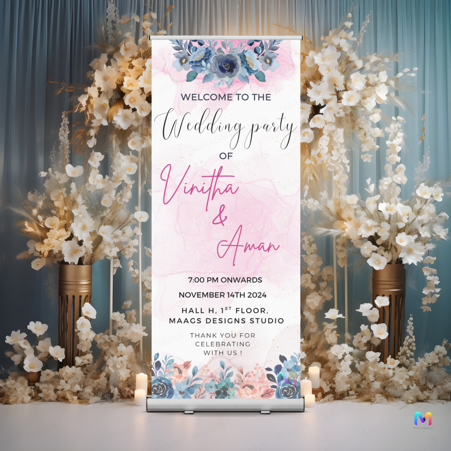 Wedding Banner Standee - Design #W01, Wedding Party Banner (Banner comes with Stand Included)