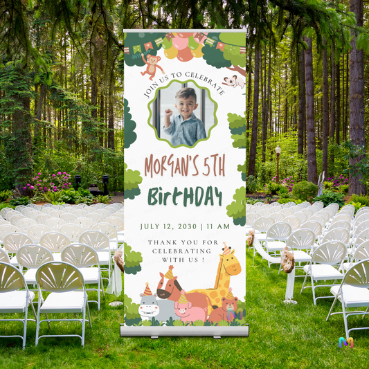 Birthday Banner Standee - Design #B03, Jungle Animals Themed Banner (Banner comes with Stand Included)