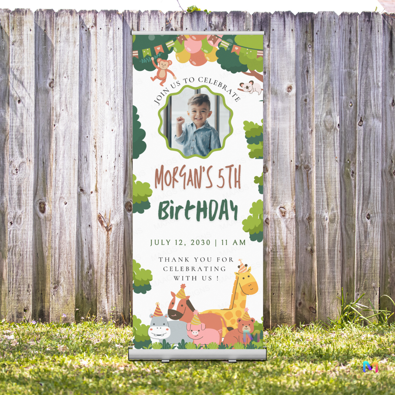 Birthday Banner Standee #B03, Jungle Animal Themed, Birthday Party Banner, Birthday Standee x 6' ft Banner with Standee