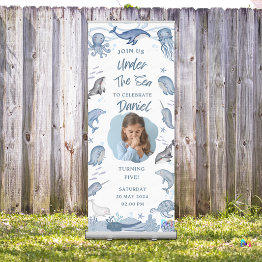 Birthday Banner Standee - Design #B02, Sea Animals Themed Banner (Banner comes with Stand Included)