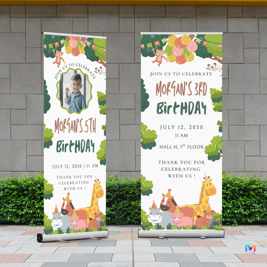 Birthday Banner Standee - Design #B03, Jungle Animals Themed Banner (Banner comes with Stand Included)