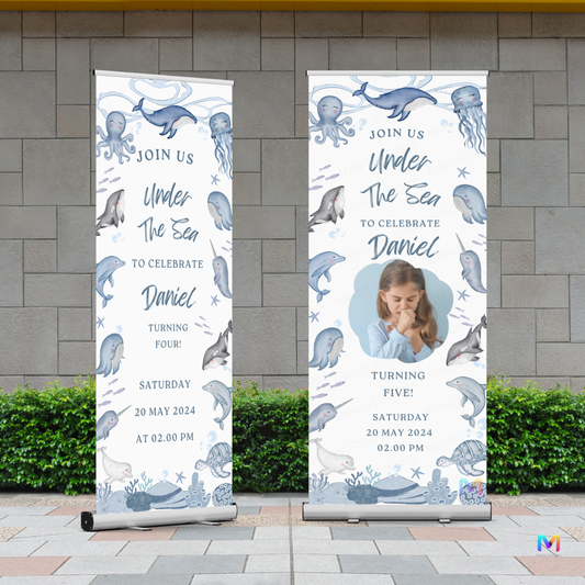 Birthday Banner Standee - Design #B02, Sea Animals Themed Banner (Banner comes with Stand Included)