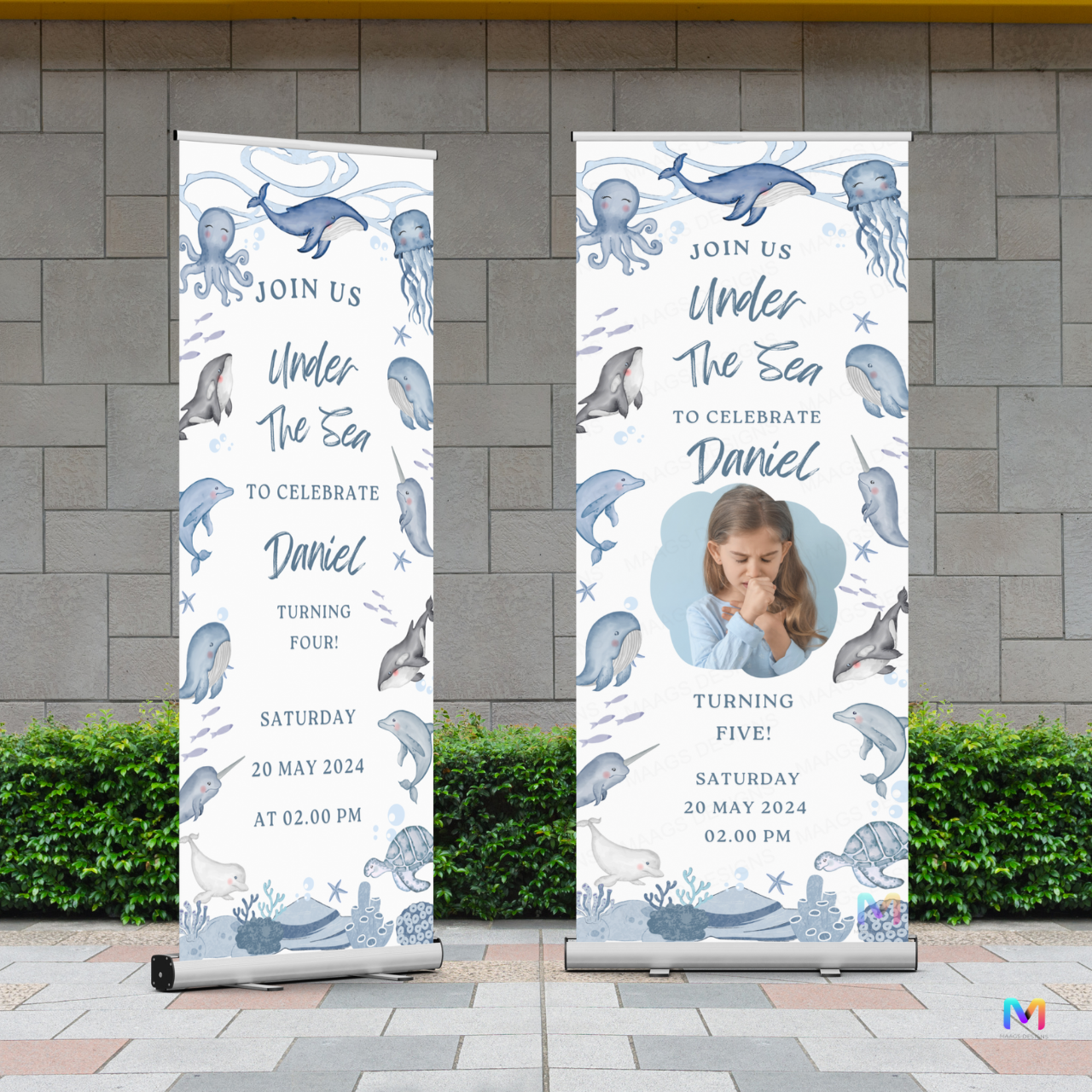 Birthday Banner Standee - Design #B02, Sea Animals Themed Banner (Banner comes with Stand Included)