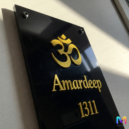 Gold Grace Nameplate (Acrylic) | Hari Om Symbol Name Plate | Premium Custom Name Plate for Home